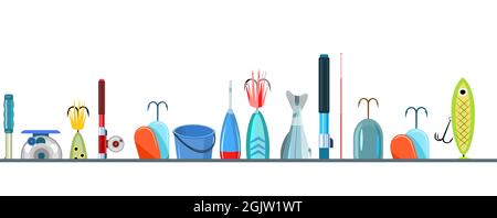 Fishing accessories. A variety of items complete set. Isolated on white background. Bottom border. Vector. Stock Vector