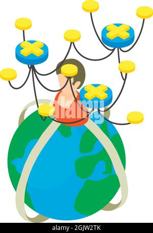 Decentralization icon isometric vector. Planet, female character, communication. Financial technology, cryptocurrency concept, blockchain, decentraliz Stock Vector