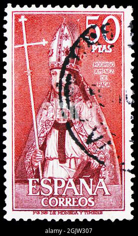 MOSCOW, RUSSIA - JUNE 20, 2021: Postage stamp printed in Spain shows Rodrigo Ximenez de Rada (1170-1247), Spanish Celebrities (1st Series) serie, circ Stock Photo