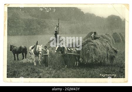 Original charming quaint quaintness Edwardian era, early 1900's greetings postcard of haymaking-  a rural idyll, posted from village of Kilham, East Riding of Yorkshire, U.K. Dated May 1907 Stock Photo