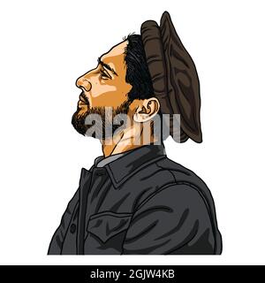 Ahmad Massoud The leader of the National Resistance Front of Afghanistan Vector Cartoon Caricature Drawing Illustration. Panjshir, Afghanistan Stock Vector