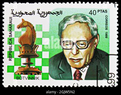 MOSCOW, RUSSIA - JUNE 20, 2021: Postage stamp printed in Cinderellas shows Botvinnik, Sahrawi Arab Democratic Republic serie, circa 1999 Stock Photo
