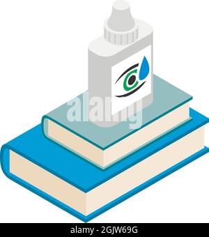 Eye care icon isometric vector. Bottle with eye drop and two blue book icon. Eyehealth, ophthalmology concept Stock Vector