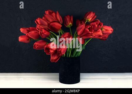 Blood red tulips on a dark background. Wooden white table made of boards. Stock Photo