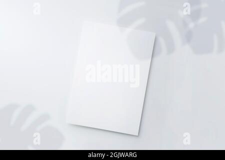Mockup of a white sheet of paper on a gray background with a shadow of a leaf of a monstera plant Stock Photo