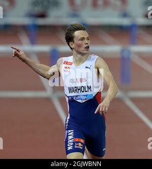 Zurich,,  09 Sep 2021 400m Hurdles winner Karsten Warholm (NOR) Seen in action during the Wanda Diamond League at Litzigrund Stadium Zurich Switzerlan Stock Photo