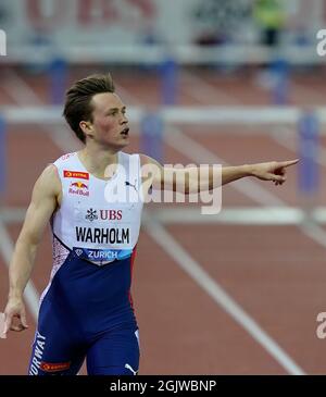 Zurich,,  09 Sep 2021 400m Hurdles winner Karsten Warholm (NOR) Seen in action during the Wanda Diamond League at Litzigrund Stadium Zurich Switzerlan Stock Photo