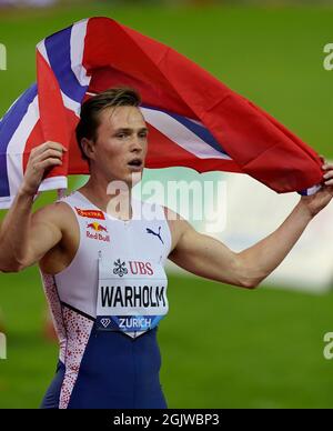 Zurich,,  09 Sep 2021 400m Hurdles winner Karsten Warholm (NOR) Seen in action during the Wanda Diamond League at Litzigrund Stadium Zurich Switzerlan Stock Photo