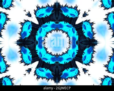 Seamless repeating pattern with geometric floral shapes in different shades of light blue on white background. Stock Photo
