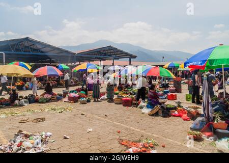 ANTIGUA, GUATEMALA - MARCH 26, 2016: Vegetable stalls at a local market in Antigua Guatemala town, Guatemala. Stock Photo
