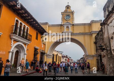 ANTIGUA, GUATEMALA - MARCH 26, 2016: View of Santa Catalina Arch in Antigua Guatemala town, Guatemala. Stock Photo