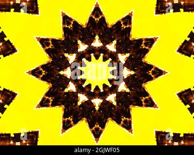 Retro theme poster, Yellow beige color with a black star in the center. Kaleidoscopic and cubic pattern Stock Photo