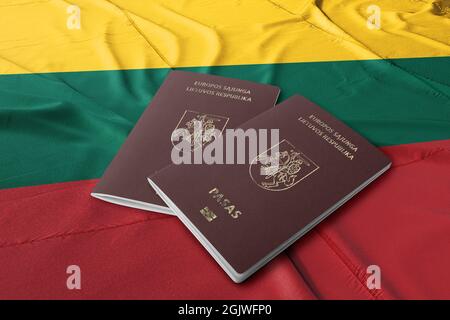 lituanien passport on its flag, top shot, the passport is the citizenship of citizens , The Lithuanian passport, along with the national identity card Stock Photo