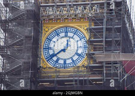 London, UK. 11th Sep, 2021. Big Ben's renovated clock face has been unveiled as refurbishment nears completion.Renovation of the famous landmark, whose official name is Elizabeth Tower, began in 2017 and is expected to be completed by early 2022. Credit: SOPA Images Limited/Alamy Live News Stock Photo