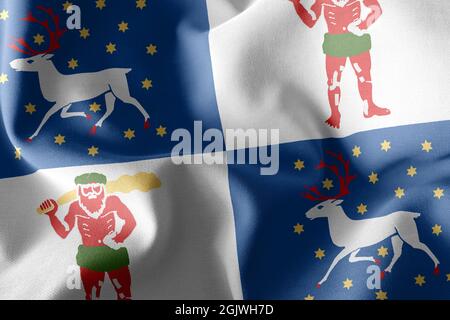 3D illustration flag of Norrbotten is a region of Sweden. Waving on the wind flag textile background Stock Photo