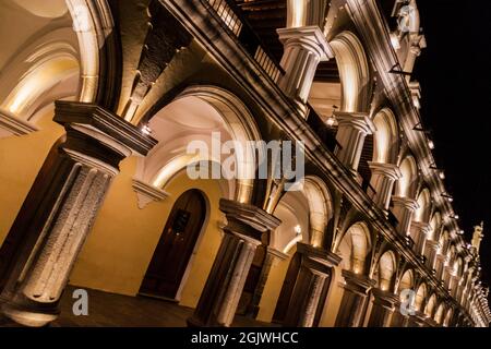 Night view of the Palacio de los Capitanes Generales Palace of the Captains General in Antigua, Guatemala. Stock Photo