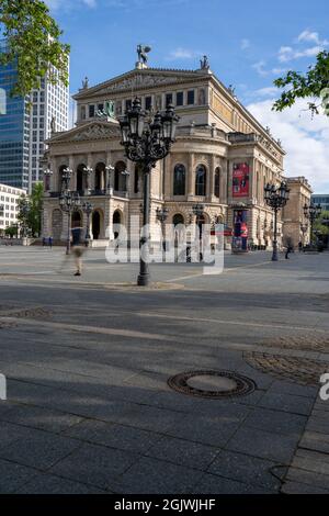 frontal view of the old opera building at dawn in Frankfurt Stock Photo