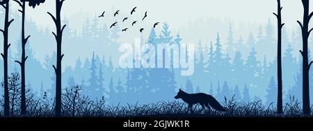 Horizontal banner. Silhouette of fox standing on meadow in forrest. Silhouette of animal, trees, grass. Magical misty landscape, fog. Blue and gray il Stock Vector