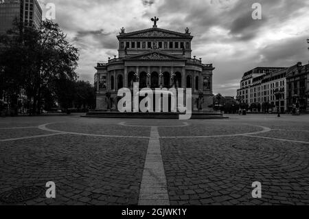 frontal view of the old opera building at dawn in Frankfurt Stock Photo