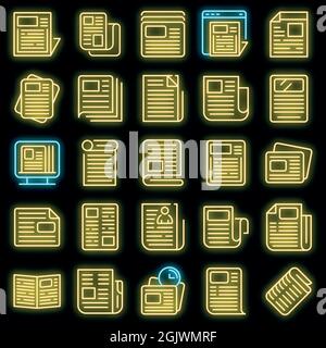 Newspaper icons set. Outline set of newspaper vector icons neon color on black Stock Vector
