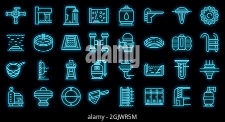 Equipment for pool icons set. Outline set of equipment for pool vector icons neon color on black Stock Vector