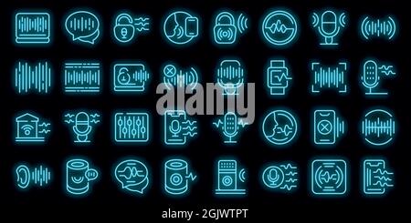 Speech recognition icons set. Outline set of speech recognition vector icons neon color on black Stock Vector