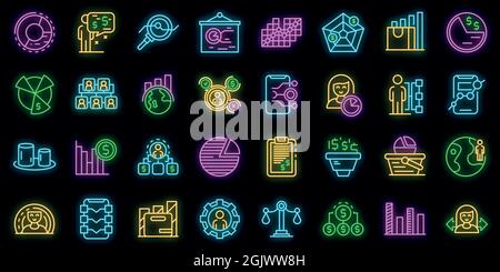 Market segmentation icons set. Outline set of market segmentation vector icons neon color on black Stock Vector