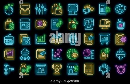 Marketing mix icons set. Outline set of marketing mix vector icons neon color on black Stock Vector