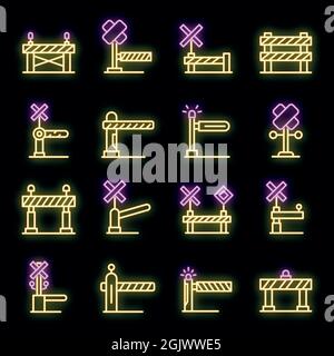 Railroad barrier icons set. Outline set of railroad barrier vector icons neon color on black Stock Vector