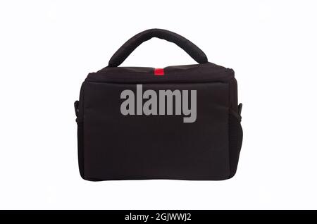 Black bag with red stripe designed for digital camera, isolated on white background Stock Photo