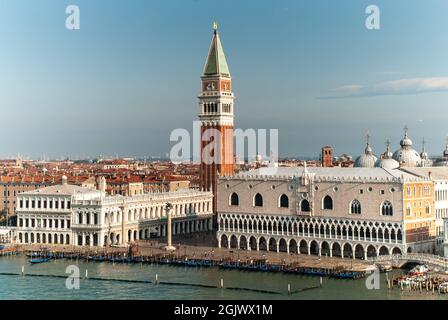 Venice, Italy: aerial view from Giudecca Canal to the Piazza San Marco with Campanile and Doge's Palace Stock Photo