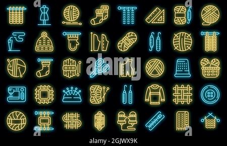 Knitting icons set. Outline set of knitting vector icons neon color on black Stock Vector