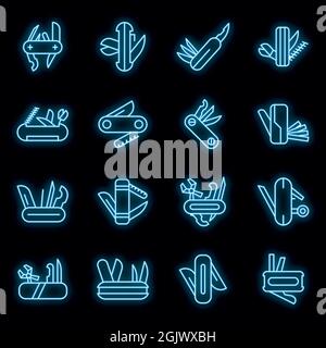Multitool icons set. Outline set of multitool vector icons neon color on black Stock Vector