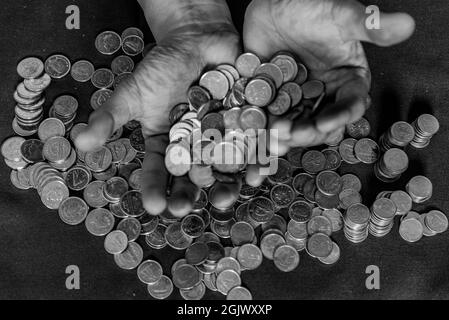 counting coins, coins, penny, cents Stock Photo