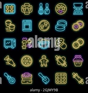 Cookie molds icons set. Outline set of cookie molds vector icons neon color on black Stock Vector