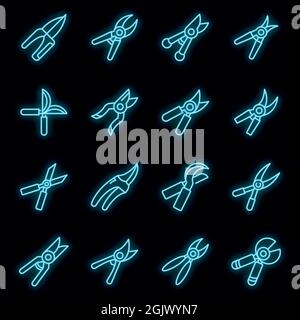 Secateurs icons set. Outline set of secateurs vector icons neon color on black Stock Vector