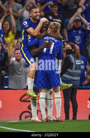 11 September 2021 - Chelsea v Aston Villa -The Premier League   Chelsea's Romelu Lukaku celebrates scoring his second goal with Mateo Kovacic and Timo during the Premier League match at Stamford Bridge, London. Picture Credit : © Mark Pain / Alamy Live News Stock Photo