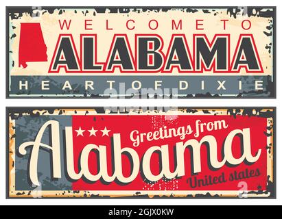 Greetings from Alabama USA retro sign plate on old rusty metal. Vintage Alabama travel and tourism grunge vector souvenir banners. Stock Vector