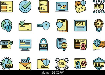 SSL certificate icons set. Outline set of SSL certificate vector icons thin line color flat isolated on white Stock Vector