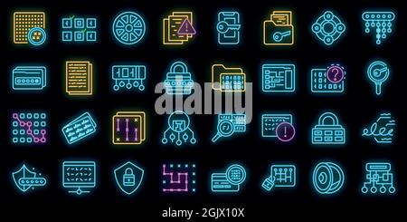 Cipher icons set. Outline set of cipher vector icons neon color on black Stock Vector