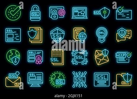 SSL certificate icons set. Outline set of SSL certificate vector icons neon color on black Stock Vector