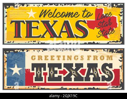 Texas sign boards in retro style. USA state welcoming or greeting card souvenir. Vintage look Texas poster template with state flag and territory map Stock Vector