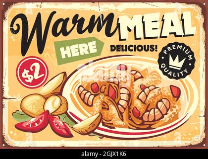 Restaurant sign with food menu board. Warm meal dish with risotto, shrimps, potatoes and tomato. Vintage diner poster. Lunch time advertisement. Stock Vector