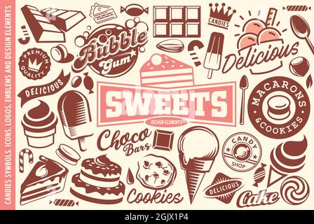 Sweets, desserts. ice creams, cakes, candies and cookies collection of logos, graphics,symbols,emblems icons and design elements. Sweet food vector Stock Vector