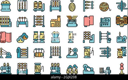 Thread production icons set. Outline set of thread production vector icons thin line color flat isolated on white Stock Vector