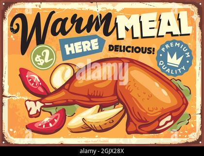 Roasted chicken drumstick warm meal retro advertisement. Vintage restaurant sign with chicken meat, potatoes and tomato salad. Vector food image Stock Vector