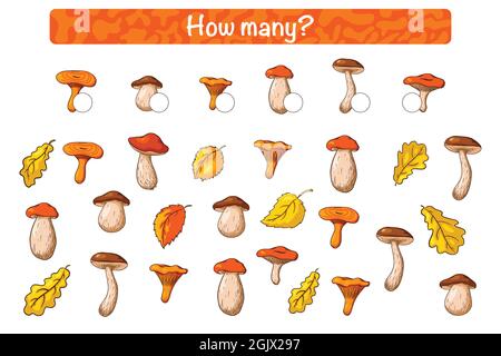 Find and count kids educational game with Forest Mushrooms. Cartoon Style. How many counting gamey for children with edible mushrooms. Preschool puzzle. Educational worksheet. Premium Vector Stock Vector