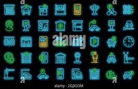 Paid parking icons set. Outline set of paid parking vector icons neon color on black Stock Vector