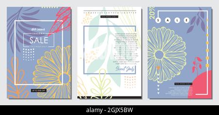 Summer season floral banners, covers, cards, posters, invitations, sale promo flyers and other documents templates. Vector flower and plants layout Stock Vector
