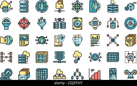 Big data icons set. Outline set of big data vector icons thin line color flat isolated on white Stock Vector